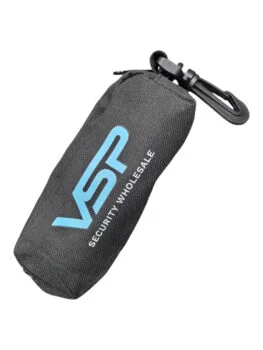 Small black pouch with a blue VSP Security Wholesale logo—logos print differently on hard goods.