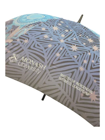 Age-inclusive umbrella with Monash University logo and Master of Indigenous Business Leadership text.