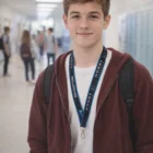 Teen boy with a backpack wears Poly/Satin Lanyard, smiling in a school hallway with lockers.