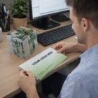 Man at desk holds Paper Pop Up Cubes Fab Mailer labeled YOUR LOGO HERE by computer.