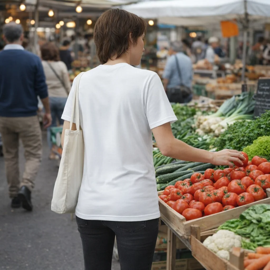 Woman in American Apparel Ladies’ Fine Jersey T-Shirt shops for tomatoes at outdoor market.