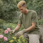 Man in gloves and American Apparel Adult Polycotton T-Shirt tends pink and yellow flowers.
