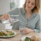 Woman pours water from a La Aqua Jug Set into a glass at a table with food.