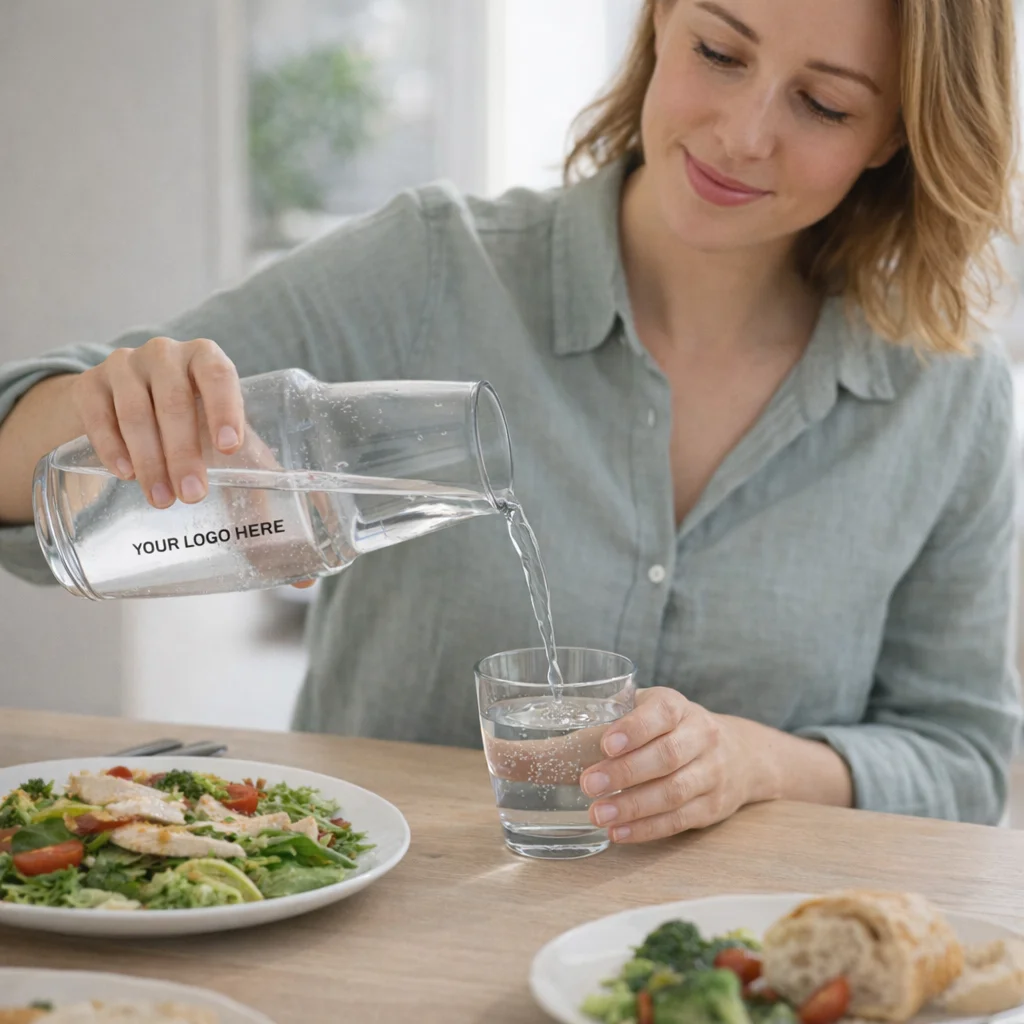 Woman pours water from a La Aqua Jug Set into a glass at a table with food.