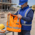 Construction worker at site holding a Workguard Reversible Fleece Lined Safety Vest, in blue gear.
