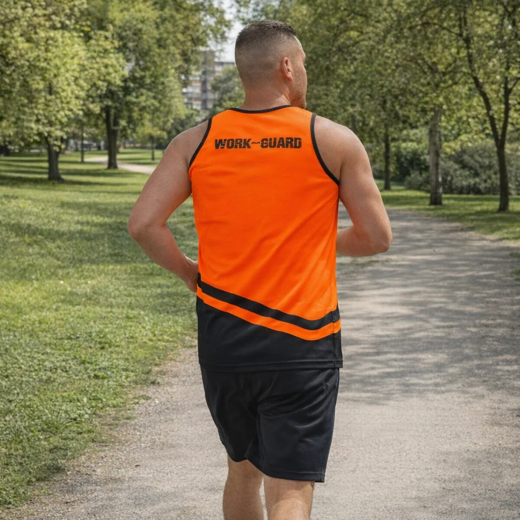 Man in orange Workguard Peak Polyester Performance Singlet jogging on a park path.