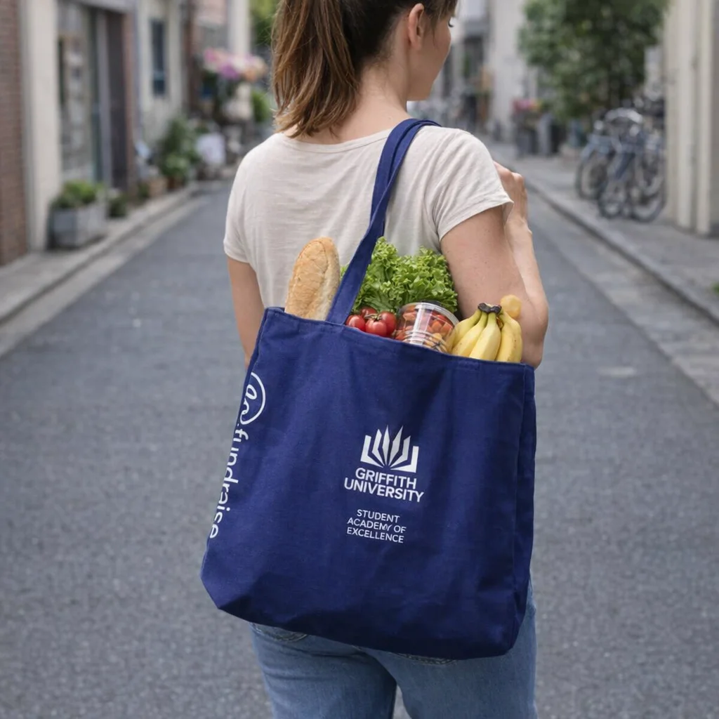 Woman carries groceries in a blue Lamar Recycled Large Tote Bag on a city street.