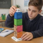 Boy stacking Revolving Cubes calendar blocks on a desk in a classroom.