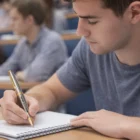 Young man writing in a notebook with a Parker New Sonnet Series pen in a classroom.