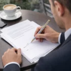 Man signing documents outdoors with a Waterman Ballpoint Pen, Stainless Gold Trim.