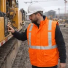 Worker in Fr Bodywarmer Bizflame and hard hat operates machinery at construction site.