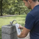 Man filling a Viera 750Ml Insulated Bottle at a park water fountain.
