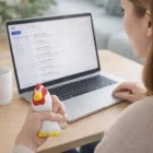 Person using a laptop while squeezing a Stress Toys Chicken for relief.
