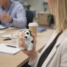 Person holding a Stress Ball Dogs toy at a meeting table with notebooks and drinks.