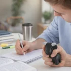 Person writes in a notebook, squeezing a Squishy Balls Bull stress toy at their desk.