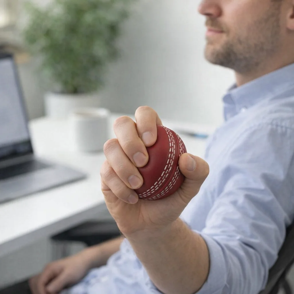 Person holding a Stress Ball Cricket at a desk with a laptop in the background.