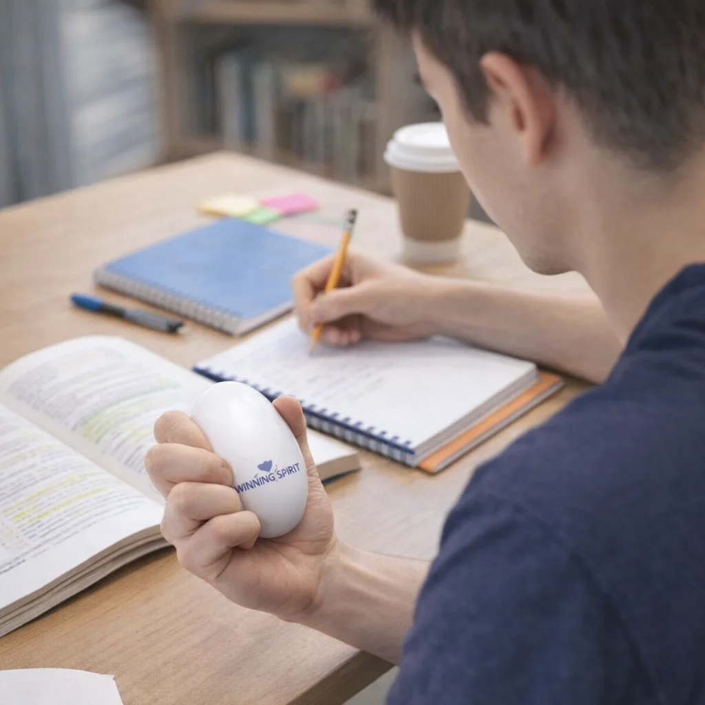 Person studying at a desk, writing in a notebook and squeezing a Stress Balls Egg.