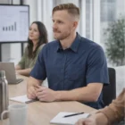 Man in a Mens Stormtech Eco Urban S/S Shirt sits at a meeting table, taking notes.