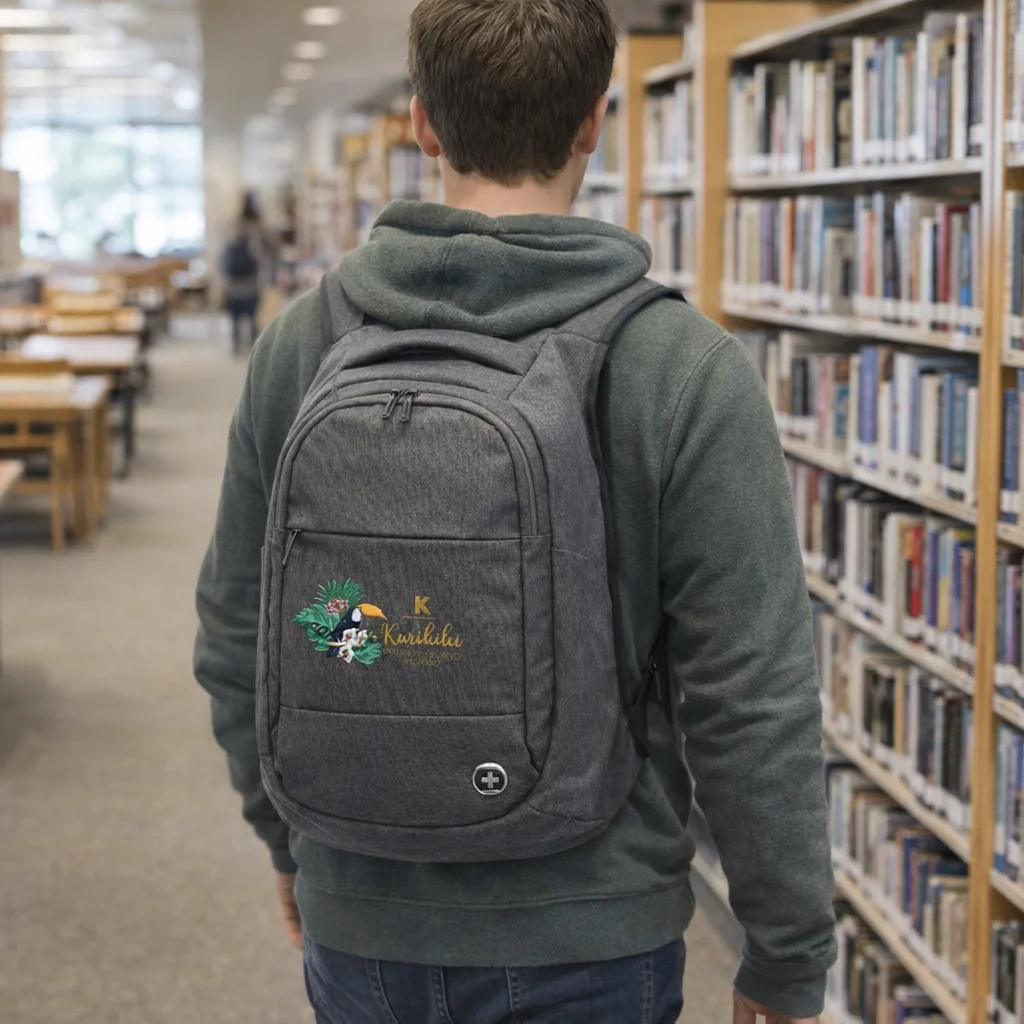 Someone with a Securepack Anti-Theft Backpack walks through a library aisle of bookshelves.