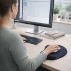 Woman uses Solid Jersey Gel Mouse Pad With Wrist Rest at desk with keyboard and monitor.