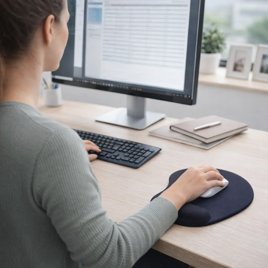 Woman uses Solid Jersey Gel Mouse Pad With Wrist Rest at desk with keyboard and monitor.