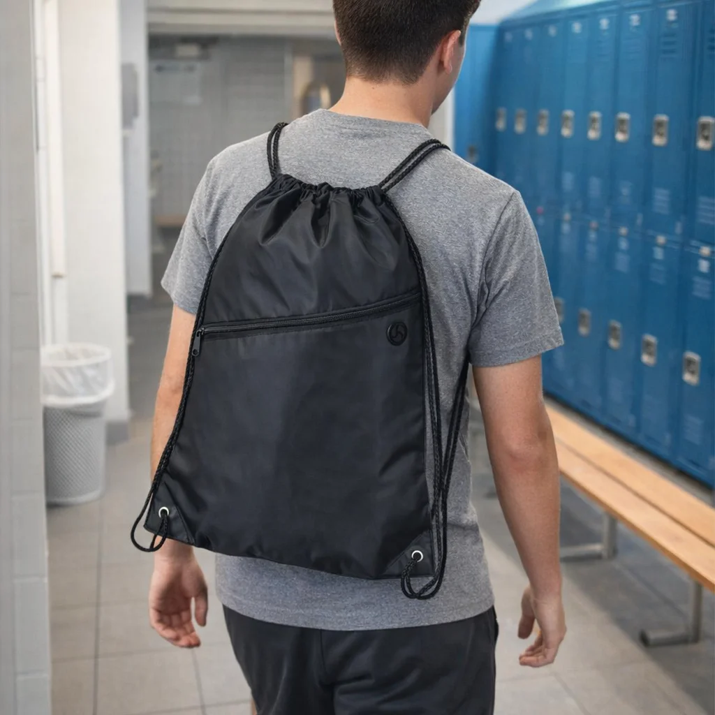 Person with The Robin Drawstring Backpacks in a locker room with blue lockers.