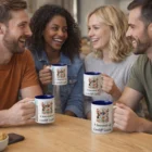 Four friends laugh, holding Sublimation Bulk Branded Mugs at a café table.