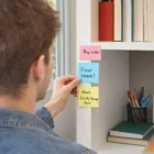 Organize reminders with 75 X 70Mm Coloured Sticky Notes: Buy milk!, Final exam!, Meet Study Group 3pm.