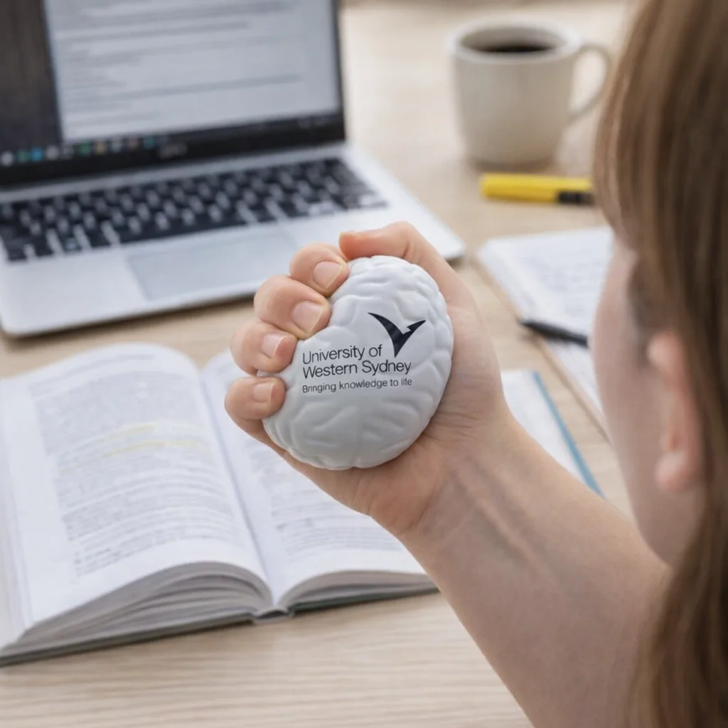 Person uses Stress Brain stress ball near open books and a laptop to relieve stress.