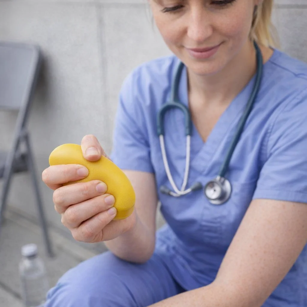 Nurse in scrubs holds a Stress Ball Pill, stethoscope around her neck.
