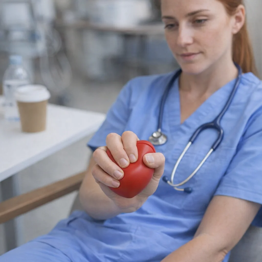 Nurse in scrubs with Heart Paper Holders nearby squeezes a red stress ball, stethoscope on neck.