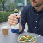Man holding a Wine Bottle Stress Shape, with salad and coffee cup on an outdoor table.
