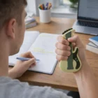 Person writes in notebook, squeezing a Stress Toy Guitars at desk with laptop.