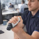 Man squeezes Stress Ball Long Truck 150mm at an office desk with computers behind.