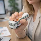 Person squeezing a white Stress Toy Bus at their desk in a busy office.