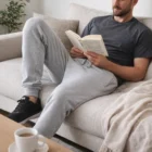 Man relaxes on couch in Casey Unisex Eco Sweatpants, reading a book with coffee nearby.