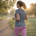 Woman jogging at sunrise in a gray Womens Eco Sports Shirt W Reflecting Tapes and pink leggings.