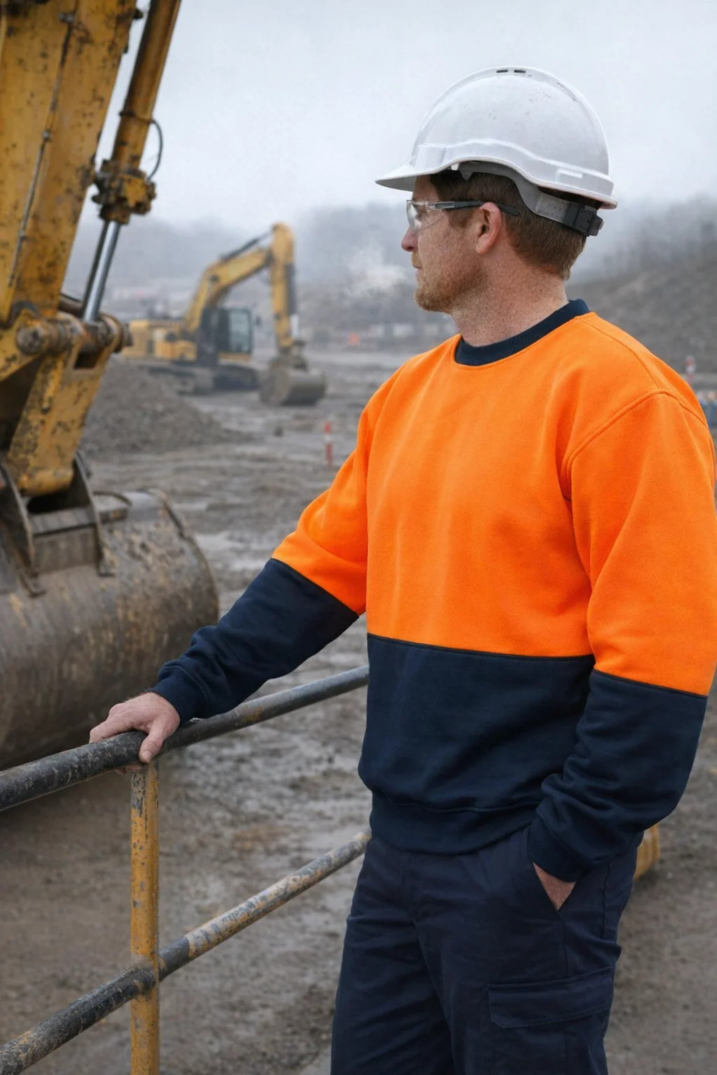 Man in Two-Tone Safety Windcheater Jacket and helmet stands at construction site near excavators.