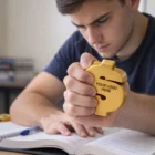 Man reading a book, squeezing Special Stress Balls Dollar Sign branded Your Logo Here.