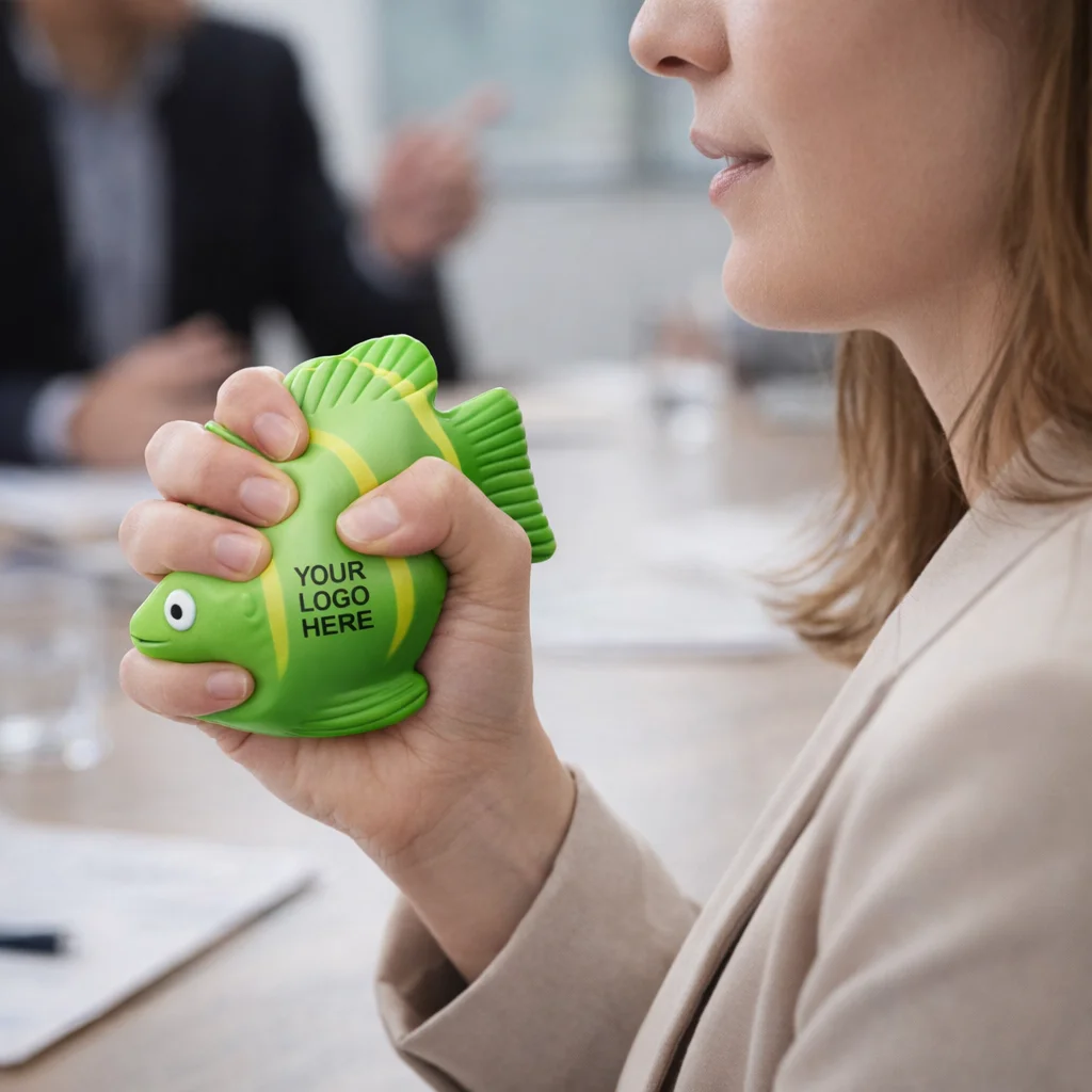 Person squeezing a Stress Shaped Fish Green with Your Logo Here printed on it.