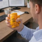 Man squeezing a Stress Shaped Fish with YOUR LOGO HERE at a desk with computers.