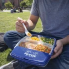 Person enjoys lunch outdoors with Bento Lunch Boxes while sitting on the grass.