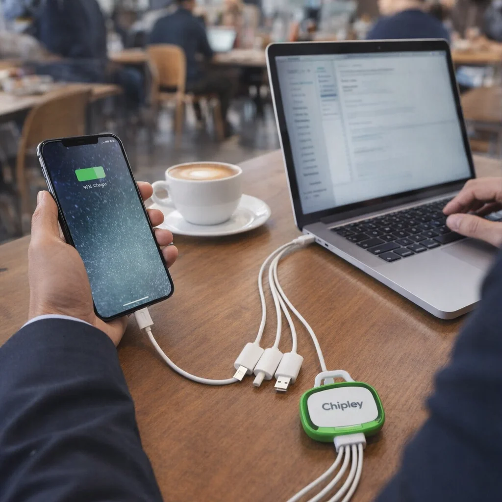 Person charging phone and laptop with a Chipley 4-In-1 Charging Cable at a coffee shop.