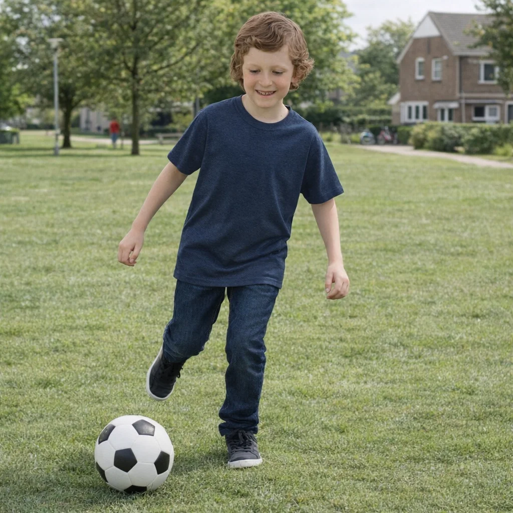 Smiling boy in Kids Cut Crew Ringspun Neck Tshirt plays soccer on a field with houses, trees.