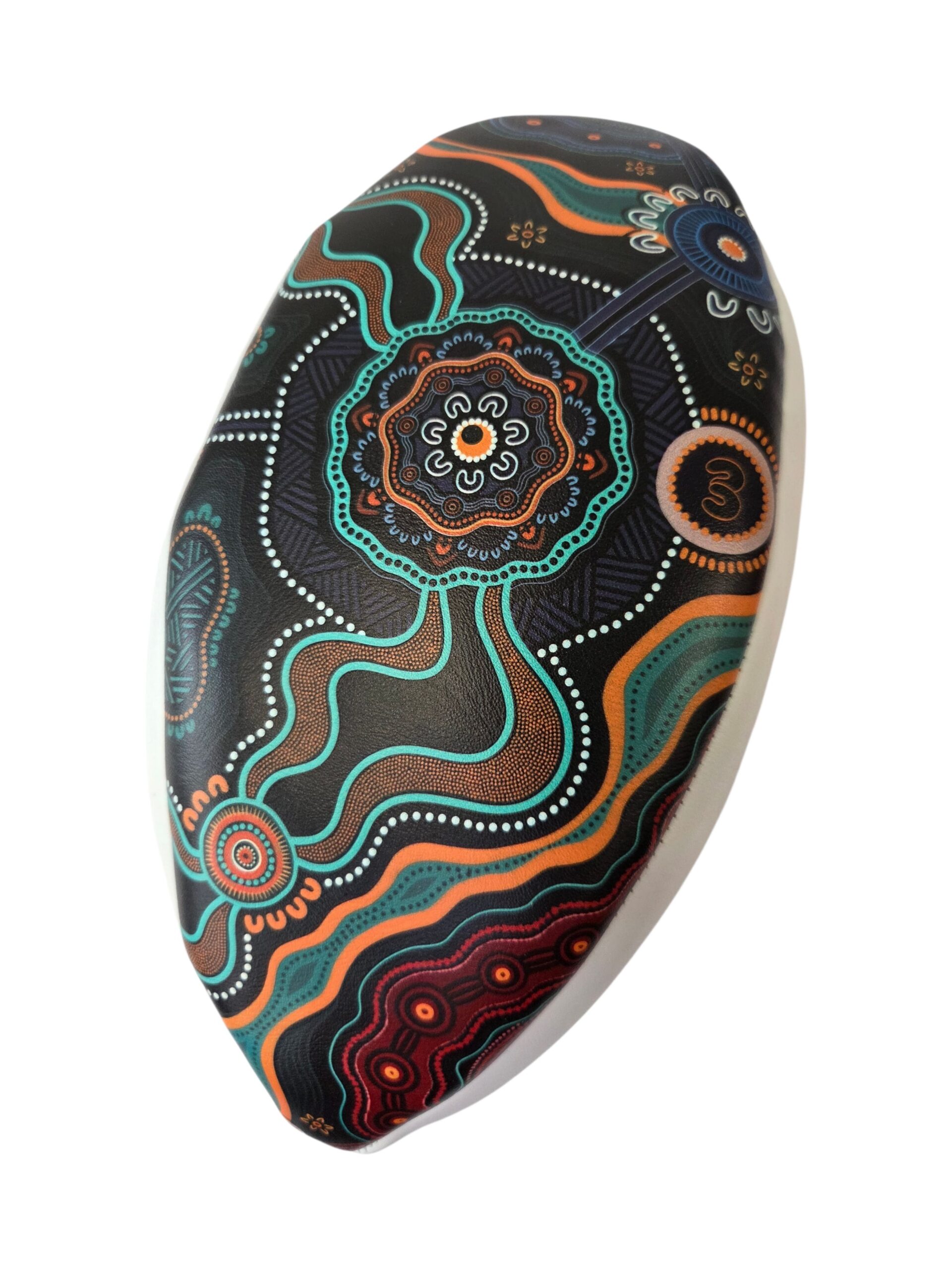 Oval object with colorful, intricate Aboriginal-style patterns crafted in Sydney’s TAFE tradition.