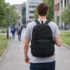 A student with a Smoky Custom Printed Backpack walks on a campus path toward buildings.