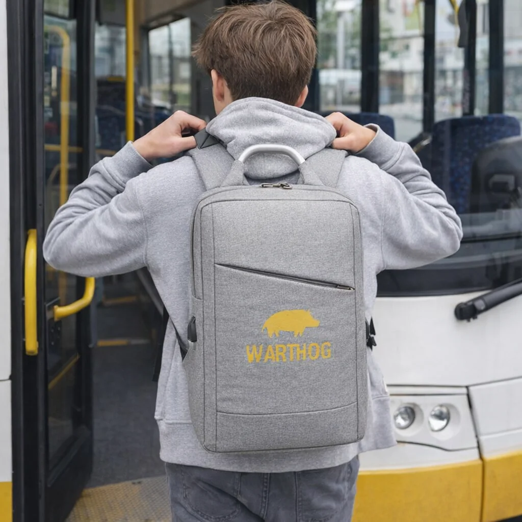 Person with a Commuter Logo Branded Backpack boarding a city bus.