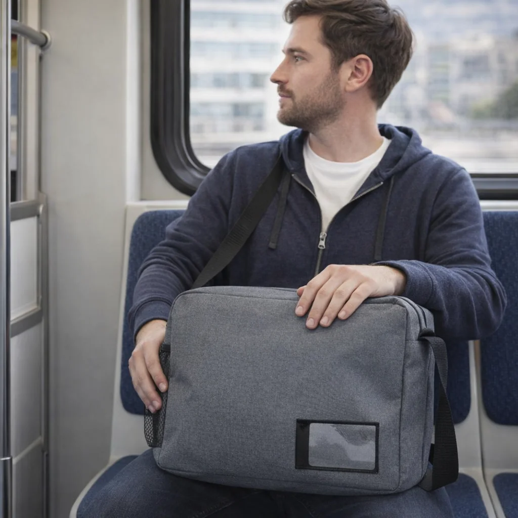 Man on public transport with a gray Ventura Satchels bag looks out the window.