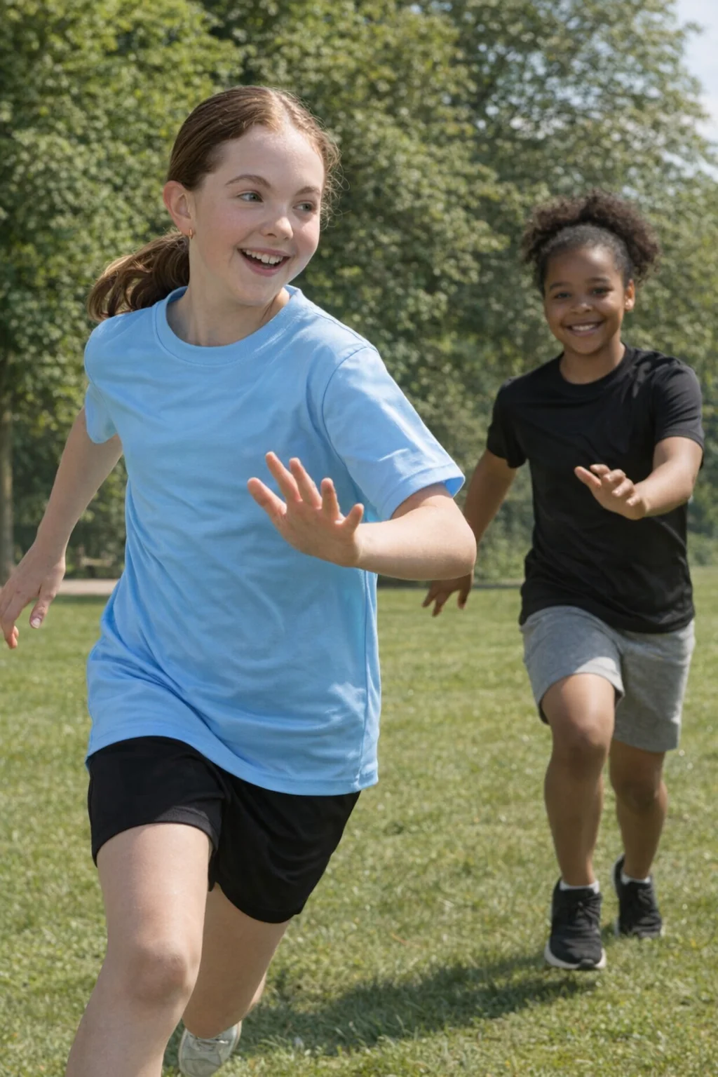 Two girls wearing Cool Dry Customised Kids T Shirts play tag and smile on a grassy field.