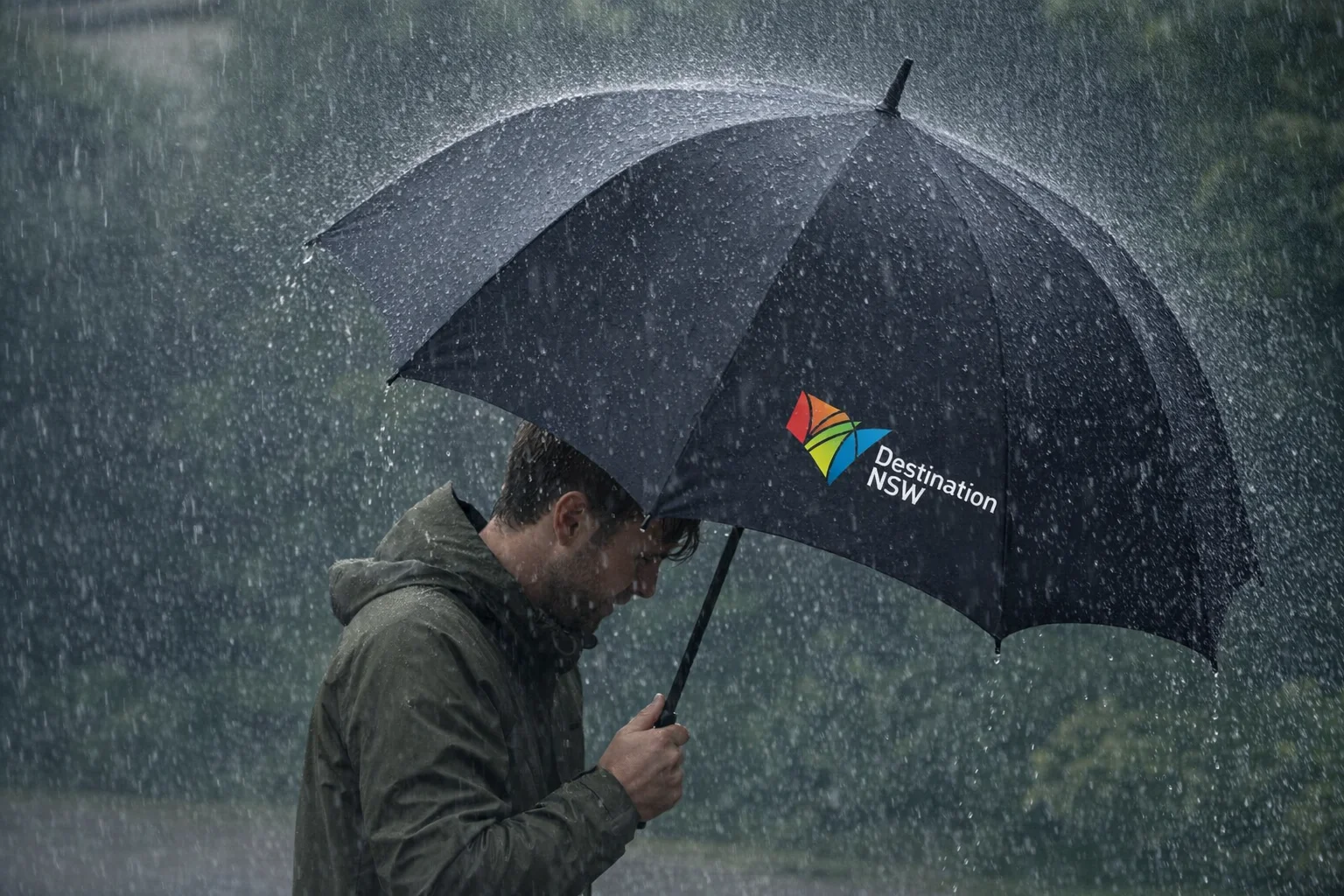 A person holds an Articus Fibreglass Golf Umbrella in heavy rain, wearing a hooded jacket.